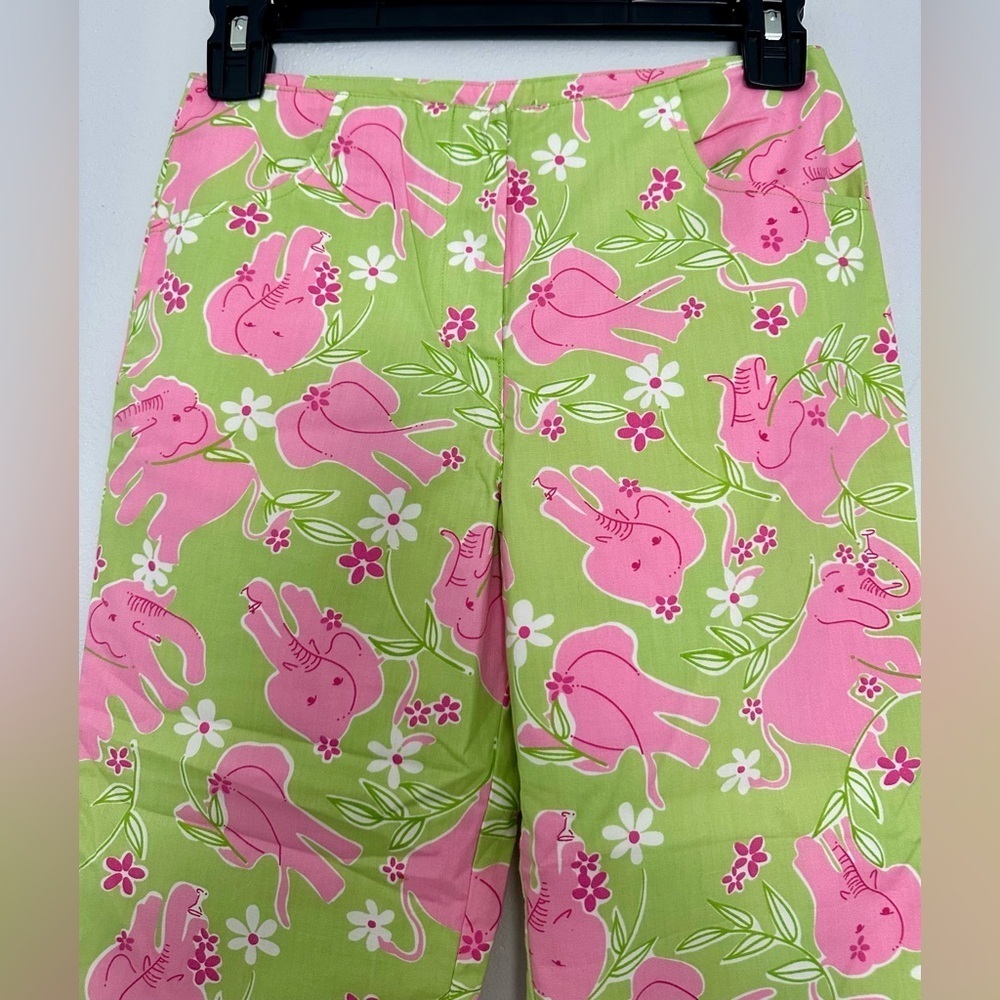 Lilly Pulitzer Girls Pink Elephant Capri Pants Sz 10 Green Cotton Stretch Preppy - Picture 4 of 5